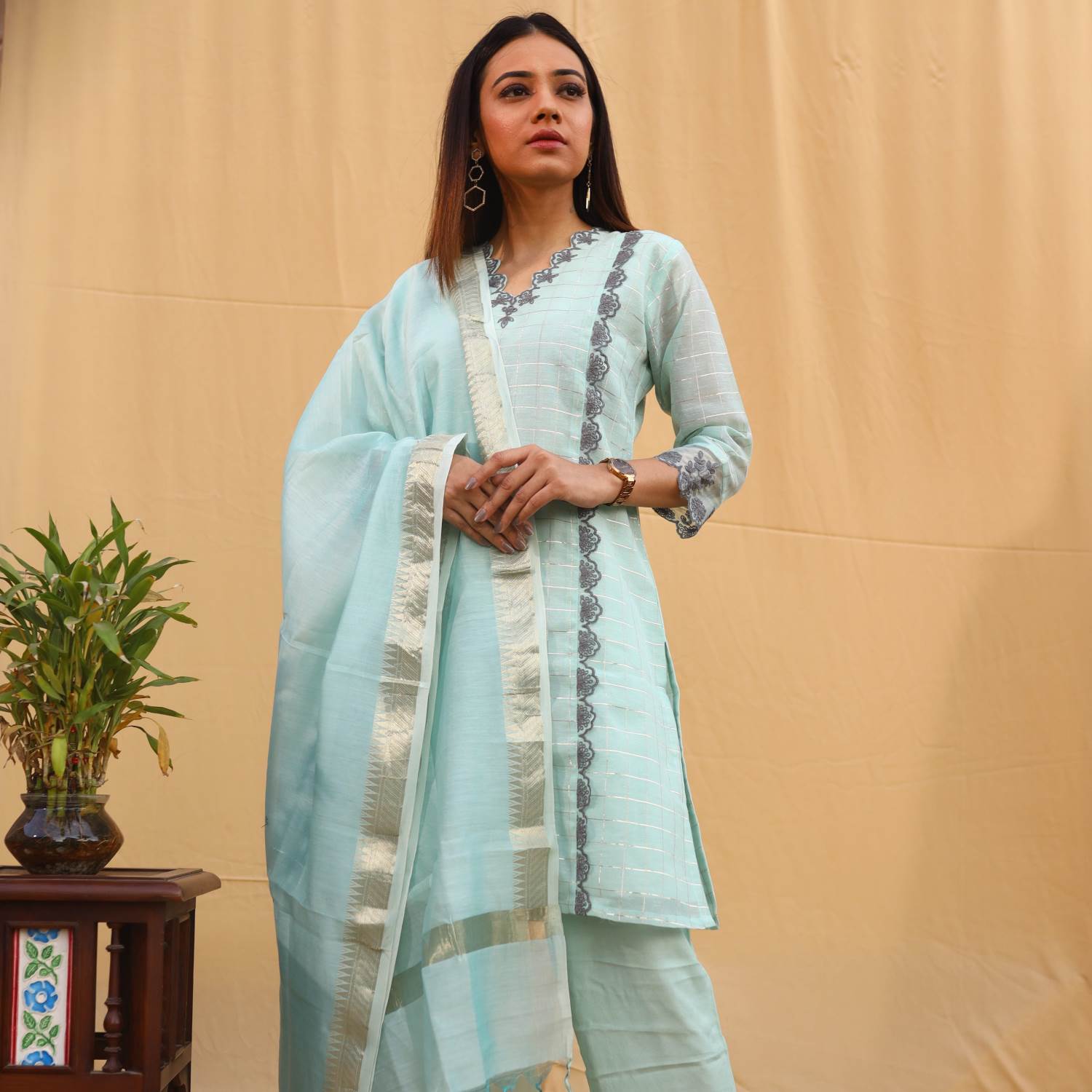 Sky Blue Chanderi Silk Kurta Set :: LABEL JAGRUTI LLP